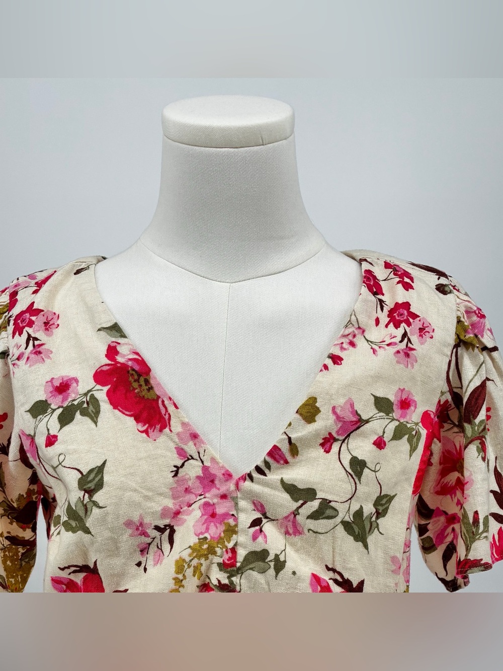 Abercrombie Floral Smocked Waist Linen Blend Flutter Sleeve Tiered Mini Dress SP - Picture 5 of 13